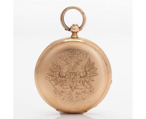 Gold pocket watch by Pavel Bure, 1880-1887, decorated with the image of the State Emblem of the Russian Empire and guilloche 