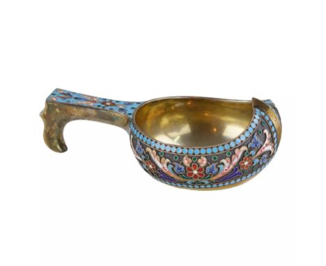 Russian silver kovsh with floral enamel decoration on a dark background, gilding and with a dominant blue tone.Hallmarks: P. 