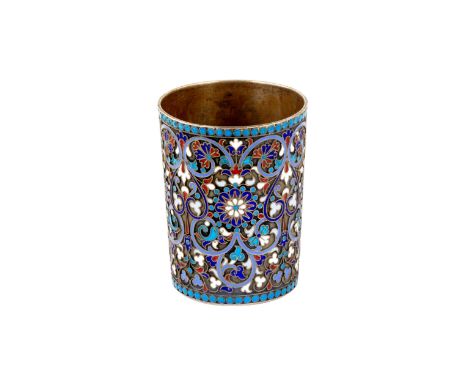 The product of a great craftsman. Russian silver vodka cup stack decorated with cloisonne enamel. Hallmarks: Gustav Gustavovi