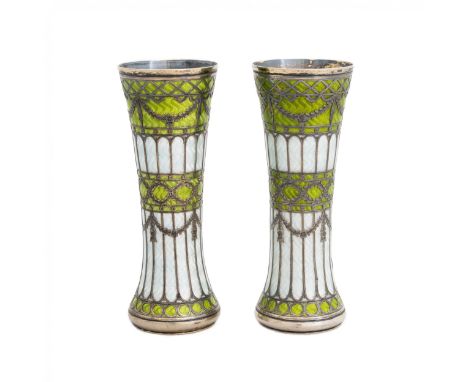 A pair of vases - buds of gilded silver. Green and white guilloche enamel under perforated, silver, applied ornamentation wit