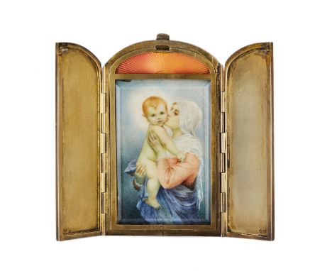 Frame in gilded silver depicting the Madonna kissing the child. Rectangular frame with a semicircular arched top and two clos