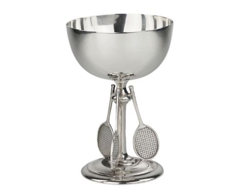 Silver award cup, made in 1926 in the form of a round bowl on a foot supported by three tennis rackets, made by Fenton Brothe