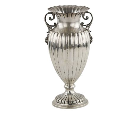 Italian silver amphora shaped vase with fluted body, base and neck, and two foliate handles. Italy. XX century. 800 silver. W