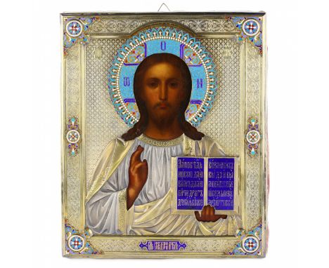 Icon of the Lord Pantocrator, made in 1891 in Moscow. The icon shows a half-length image of the Lord Pantocrator in tradition