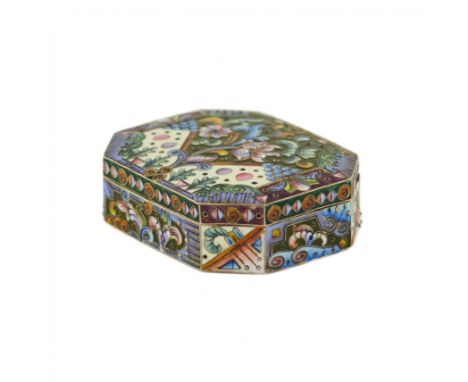 A bright and memorable example of late Russian Art Nouveau, a silver cloisonne enamels snuff box - from the 6th Moscow artel.