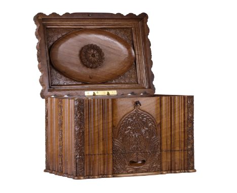 Humidor, richly decorated with artistic wood carvings made in the Art Deco style. Technological progress in the 1930s also af