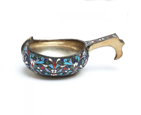 Russian silver Kovsh with an enamel pattern, made using cloisonne enamel technique. Residual gilding.Hallmarks: stamp-name NS