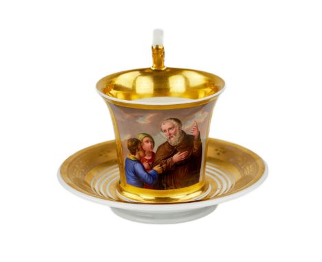 Painted cup and saucer from the Biedermeier era, with a scene of a conversation between a holy monk and children. On the outs