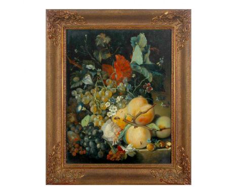 Still life Fruit in the style of Jan van Huysum. Fruit still life with flowers is a composition rich in allegory, unfolding d