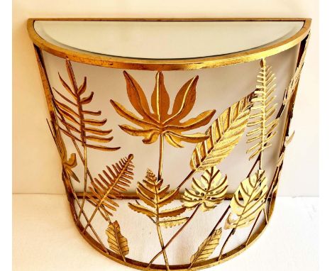 DEMI LUNE CONSOLE TABLE, 68cm H x 78cm, foliate design, gilt finish, mirrored top. 