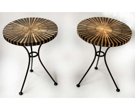 LAMP TABLES, a pair, 54cm x 40cm diam., circular marquetry style with metal supports. (2) 