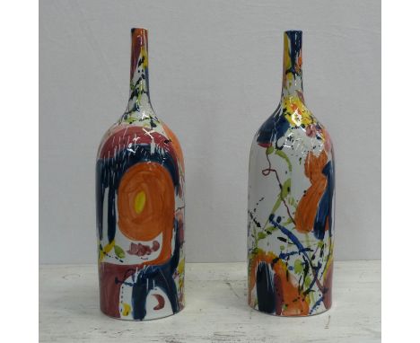 BOTTLE VASES, two, 47cm H, glazed ceramic, abstract print. (2) 