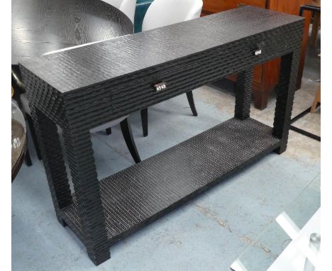 CONSOLE TABLE, 139.5cm W x 85.5cm H x 41.5cm D black faux crocodile with two drawers above an undertier. 