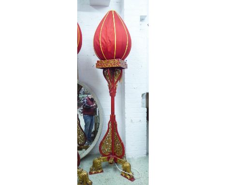 STANDING LAMP, Chinese red and gilt decorated with ovoid silk shade, 215cm H x 63cm W x 200cm D. 