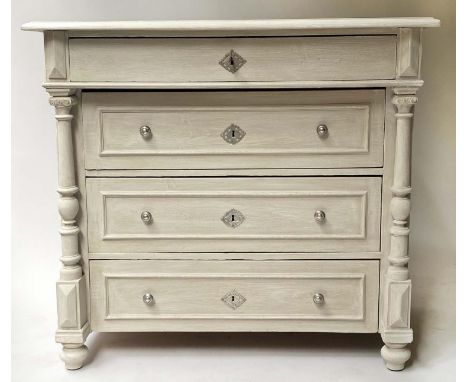 COMMODE, 19th century French grey painted with four long drawers and columns, 57cm x 99cm x 90cm H. 