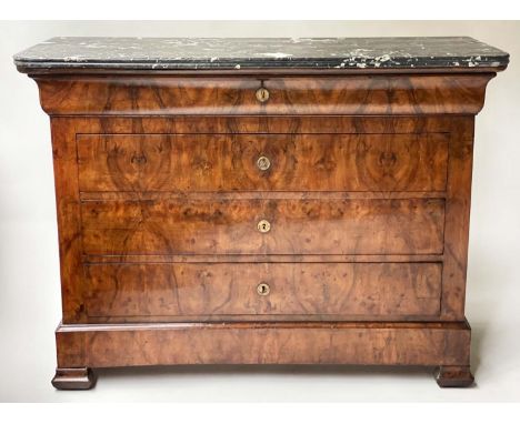 COMMODE, 19th century French Louis Philippe burr walnut with marble top and four long drawers, 124cm x 51cm x 93cm H. 