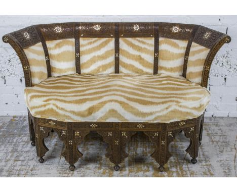 SOFA, Damascus beechwood and mother of pearl inlaid in pale zebra patterned covers, 138cm W. 