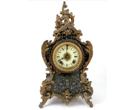 An Ansonia Clock Co New York mantel clock, with eight day chiming movement, enamel dial and Roman numerals, the case in the R