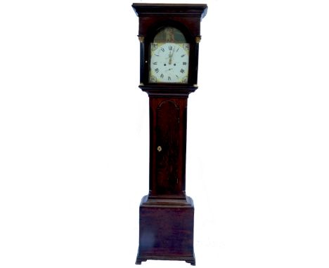 A late Georgian oak long case clock, the arched painted dial by Robson of North Shields, the door flanked by reeded columns