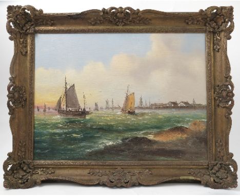 Hicks, oil on canvas, seascape with boats, 14.25ins x 19.25ins