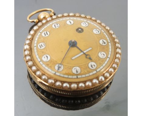 An early 19th century Freres Rey &amp; Co gold and enamel open face pocket watch, the back enamelled with a continental lands