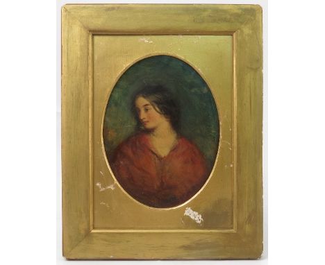 A 19th century oil on board, oval portrait of a girl wearing a red cloak, maximum diameter 7.5ins