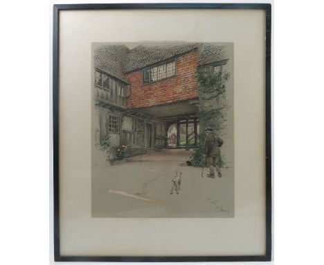 After Cecil Aldin, colour print, man with a stick walking towards a half timbered building with dog and cat in shrubbery, 22i