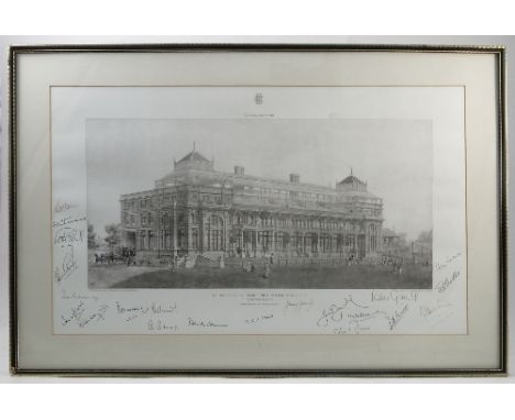 A print, of Marylebone Cricket Club, The New Pavilion at Lords, signed by Hutton, Emburey, Edrich, Groveney, Lewis, Illingwor