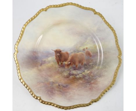 A Royal Worcester cabinet plate, decorated with Highland cattle in a landscape, by H Stinton, to a gilded gadrooned border, d