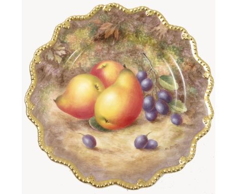 A Royal Worcester cabinet plate, decorated with hand painted fruit, by Ayrton, to a shaped gilded gadrooned border, circa 195