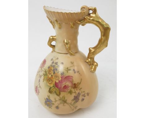 A Royal Worcester blush ivory jug, with gilt coral handle and coral to the spout, printed and painted with floral sprays to t