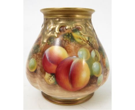 A Royal Worcester quarter lobed vase, decorated half round with hand painted fruit, by Roberts, shape number H291, circa 1954