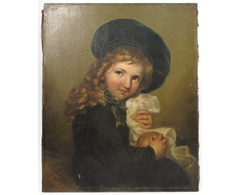 A 19th century English school, oil on canvas, portrait of a fair haired child with blue hat and bow, 21.75ins x 18ins, unfram