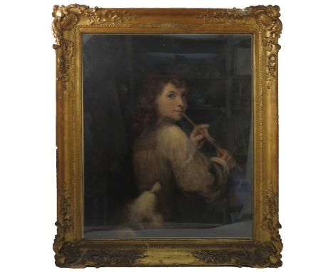An English School, oil on canvas, portrait of a young male with curly hair, playing a pipe, a dog at his side, 24.5ins x 11.5