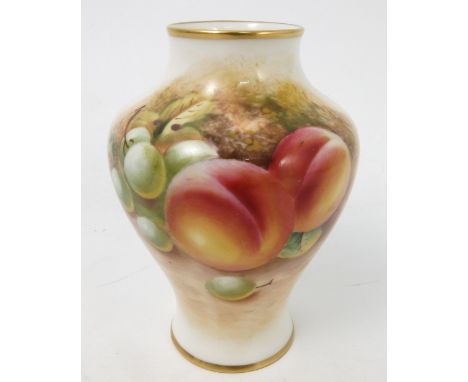 A Royal Worcester vase, decorated half round with hand painted fruit, by Roberts, shape number 2491, circa 1958, height 4ins