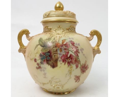 A Royal Worcester two handled blush ivory covered vase, decorated with flowers, shape number 1515, circa 1895, height 6.25ins