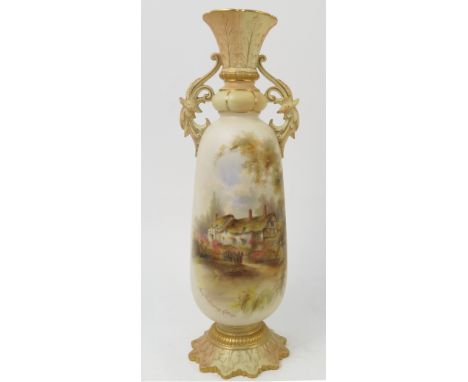 A Royal Worcester vase, decorated with Anne Hathaway's Cottage to a blushed ivory ground, shape no.G896, height 12.5ins