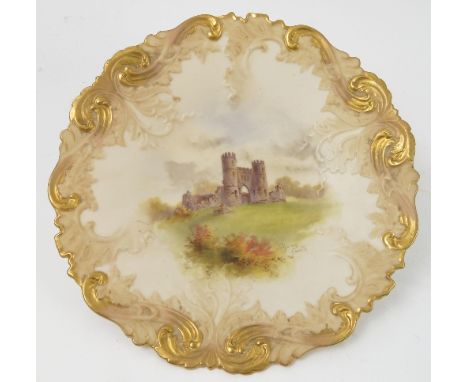 A Grainger's Worcester plate, decorated with Sham Castle to a blushed ivory ground, diameter 8.75ins