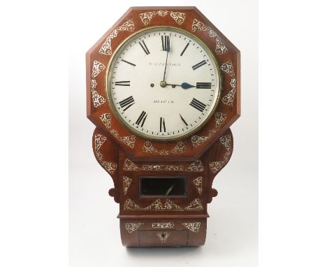 A 19th century rosewood cased drop dial wall clock, the enamel dial inscribed W Alexander Hexham, with striking fusee movemen