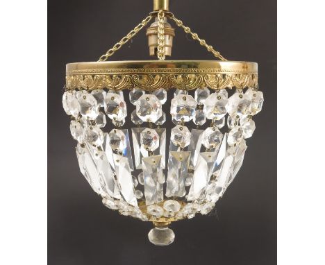 Two modern light fittings, formed as brass rings with clear glass faceted droppers of various sizes, joining to a disc of eit
