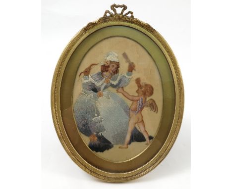 A pair of 19th century oval tapestry pictures, on silk, of ladies with cherubs, in gilt frames with ribbon decoration to the 
