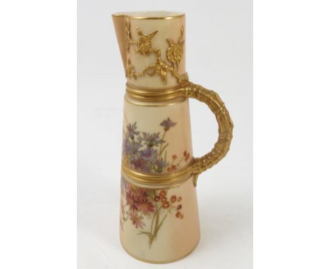 A Royal Worcester blush ivory jug, decorated with floral sprays, with bamboo moulded handle, shape number 1047, dated 1899, h