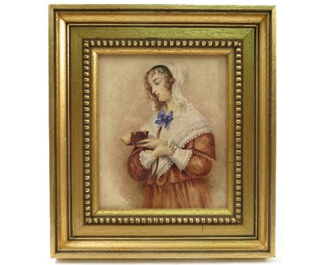 A 19th century watercolour, portrait of a young woman reading a book, 5ins x 4ins 