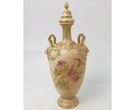 A Royal Worcester two handled blush ivory covered vase, decorated with shot silk flowers, shape number 1399, circa 1892, heig