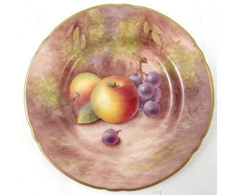 A Royal Worcester side plate, decorated with hand painted fruit, by Maybury, to a shaped gilded edge, circa 1954, diameter 6.