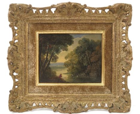 A 19th century oil on panel, rural landscape with figure fishing, swans and trees, 4.5ins x 5.5ins
