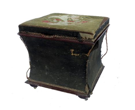 A Victorian upholstered box ottoman, of square form with tapestry top and fabric covered concave sides, raised on bun feet, 1