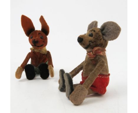 A velveteen model, of a fox and another of a mouse, with button eyes and jointed limbs, height 3ins, together with a Brittain