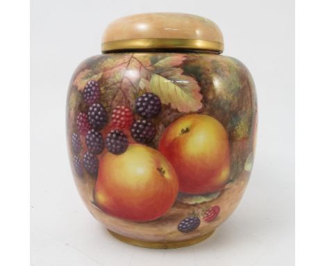 A Royal Worcester covered ginger jar, hand painted all around with fruit to a mossy background by H Ayrton, shape number 2826