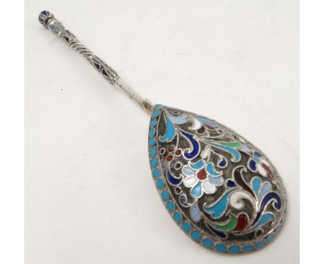A Russian silver and enamel spoon, the back of the bowl decorated with flowers, length 5.25ins